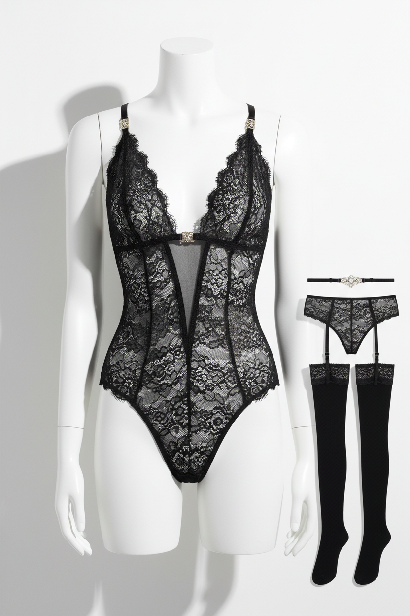 Women Lace Lingerie Deep V Bodysuit One Piece Underwear Black