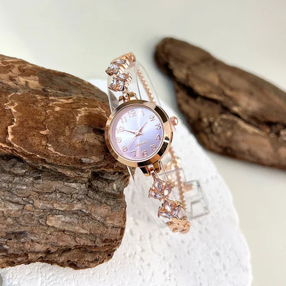 Round alloy case Arabic numeral classic dial leaf-shaped diamond-encrusted fashionable bracelet elegant ladies quartz watch