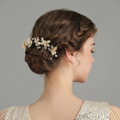 Pearl Flower Hairpin Side Comb Sets Wedding Hair Accessories Leaf Shaped Tiaras Bride Insert Hair Clip Jewelry Fashion Headwear