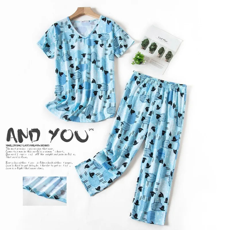 Summer Women Casual Loose Pajama Sets Ladies Soft Cotton Sleepwear Suit Women's Pijama Mujer Grande Oversize Home Clothes