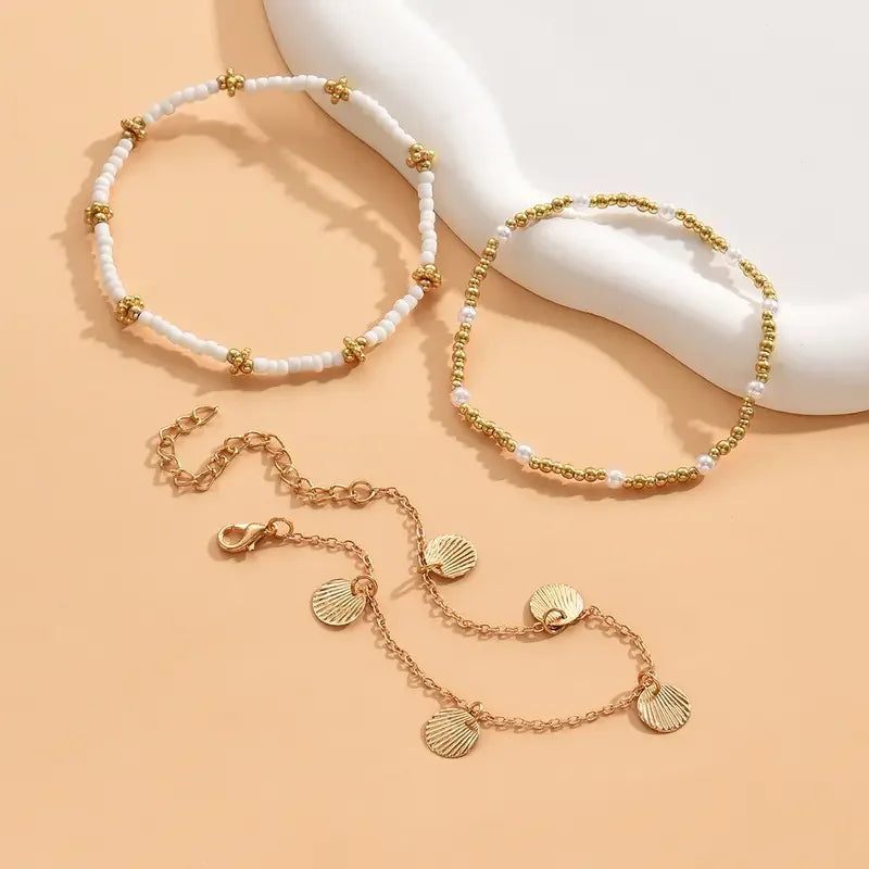 3pcs Retro Pearl Beads Anklet for Women Fashion Handmade Shell Butterfly On Foot Bracelet Bohemian Summer Beach Jewelry Gifts