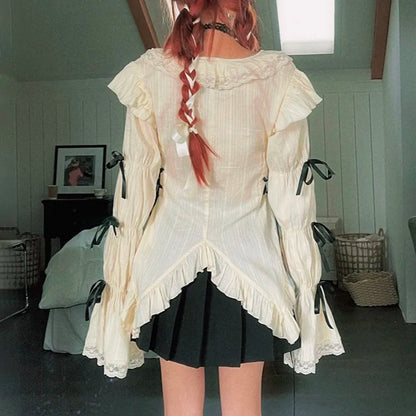 Karrram Y2k Aesthetics Lace Shirt Grunge Gothic Irregular Blouses Fairy Harajuku Bandage Shirt Vintage Lolita Clothes Mall Goth