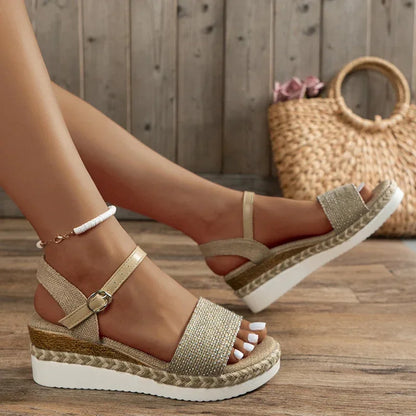 Canvas Espadrilles Wedge Sandals for Women 2025 Summer Casual Ankle Strap Platform Sandles Woman Thick Sole Non Slip Beach Shoes