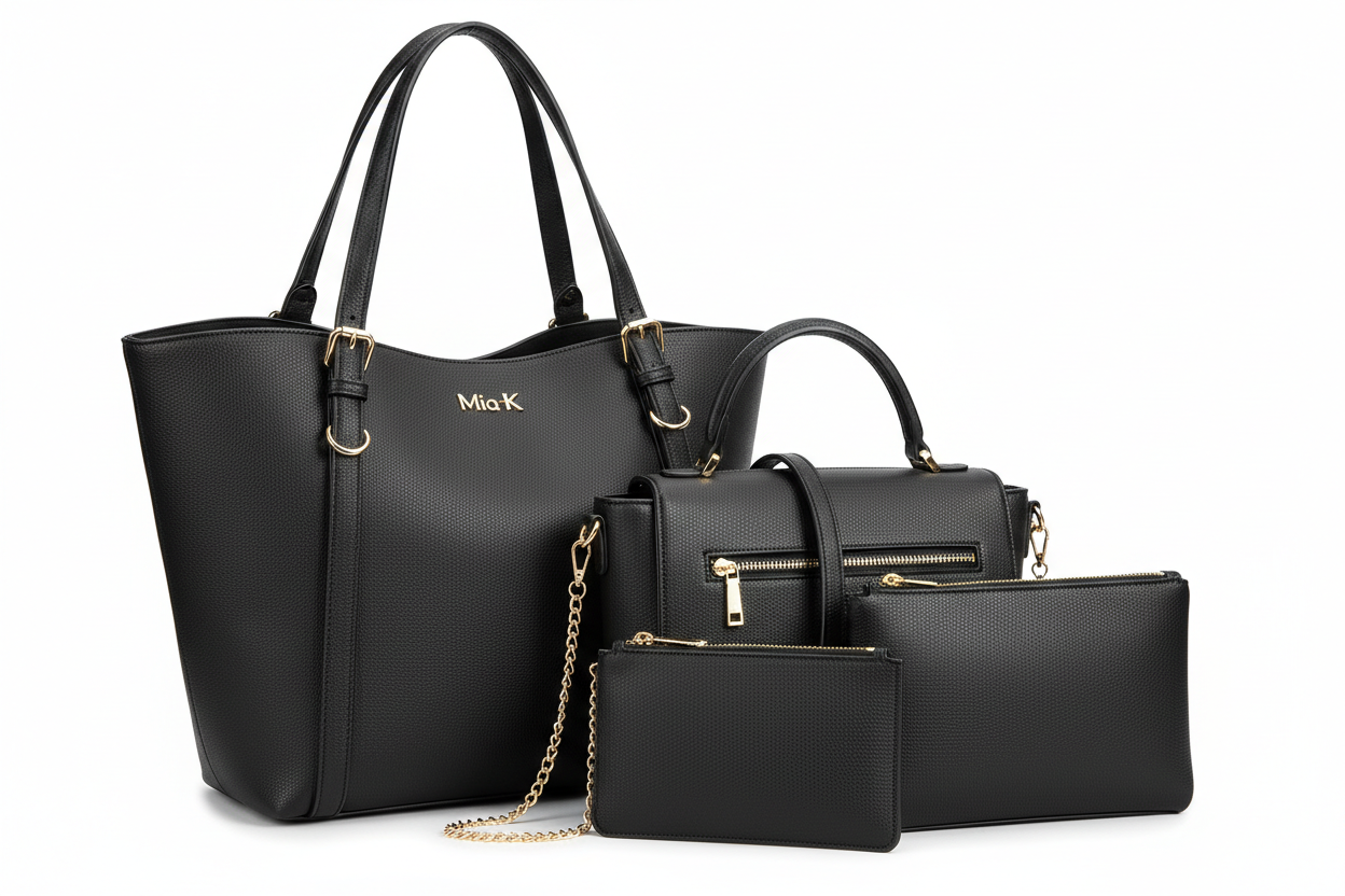 Havenly Women'S Tote Bag, Wristlet Pouch Purse, Vegan Leather Handbag 4Pcs Set by Mia K - Black
