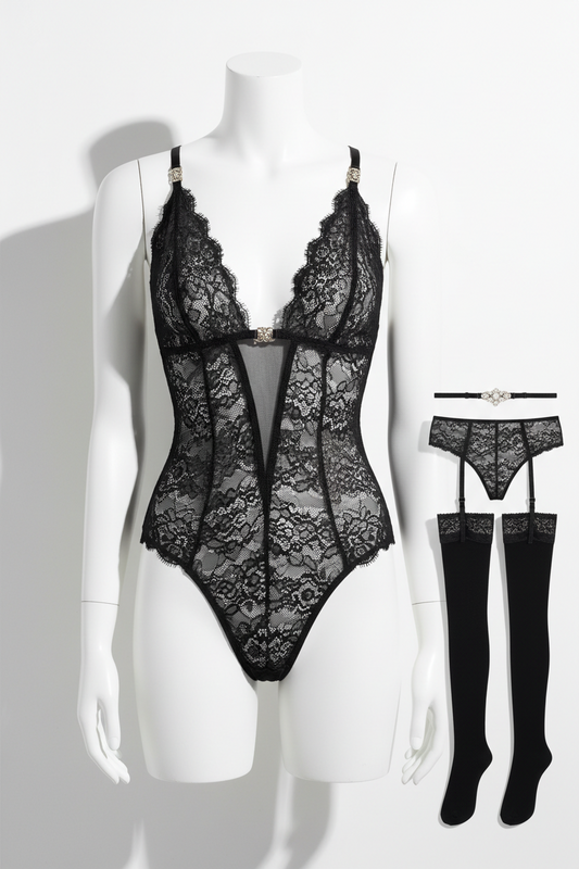 Women Lace Lingerie Deep V Bodysuit One Piece Underwear Black